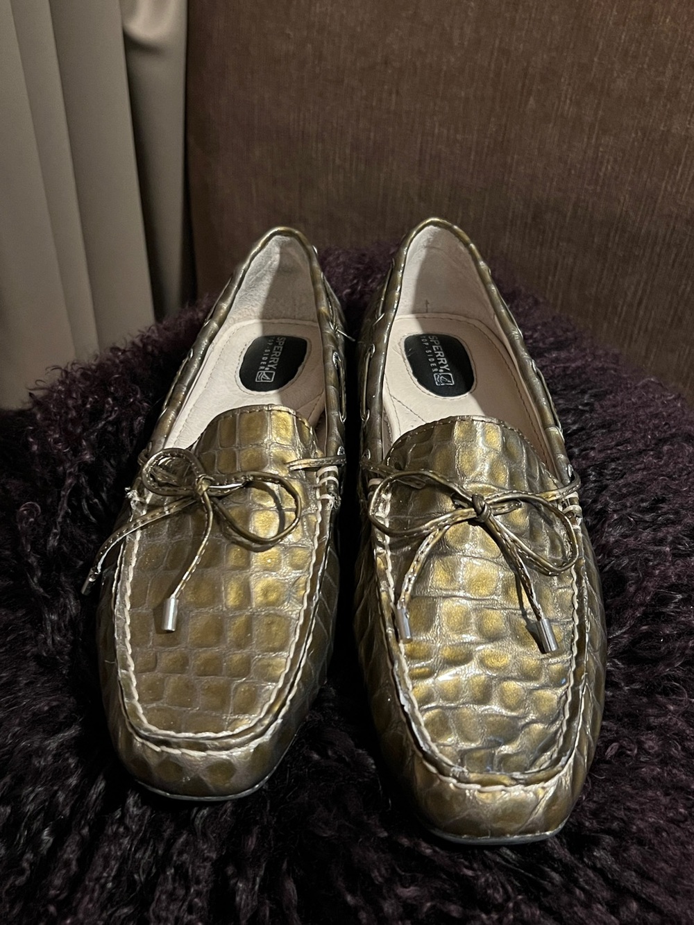 SPERRY Topsider Patent Leather Croc Embossed Boat Shoe Gold Green Sz US 9